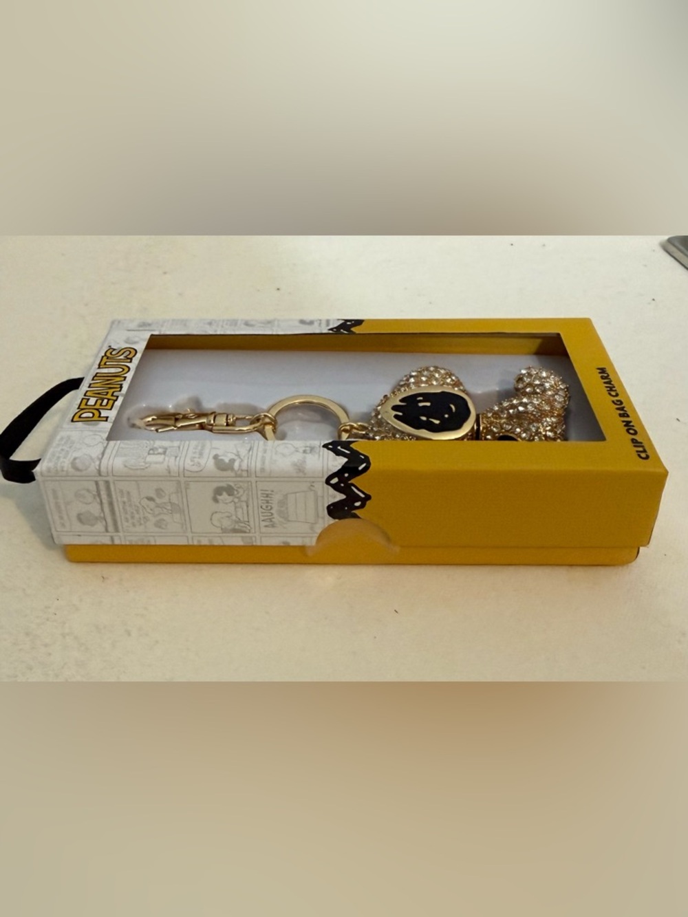 Peanuts Gold Tone and Black Snoopy 3D Crystal Clip-On Bag Charm Keychain - Picture 7 of 13